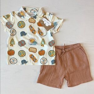 Angel Dear Toddler Polo Shirt Shorts Set Bamboo Muslin Groovy Vibes 2T 3T 4T